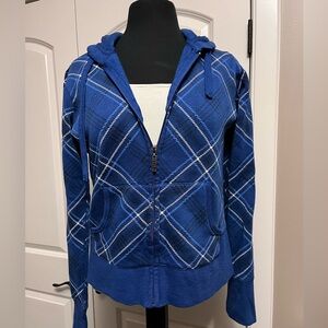 Blue Zip-Up Hoodie w Diagonal Plaid Design